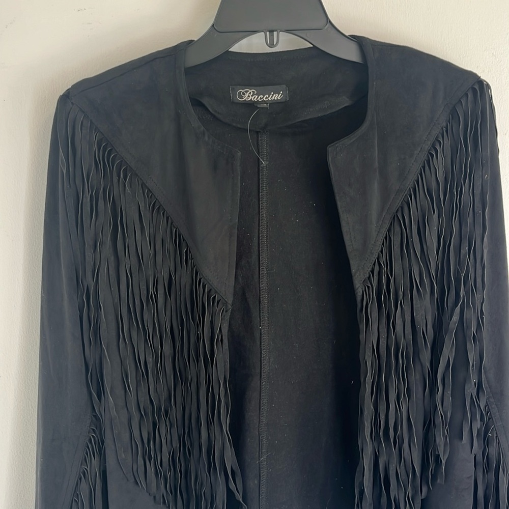NWOT BACCINI Fringe, long sleeve jacket, size small/black